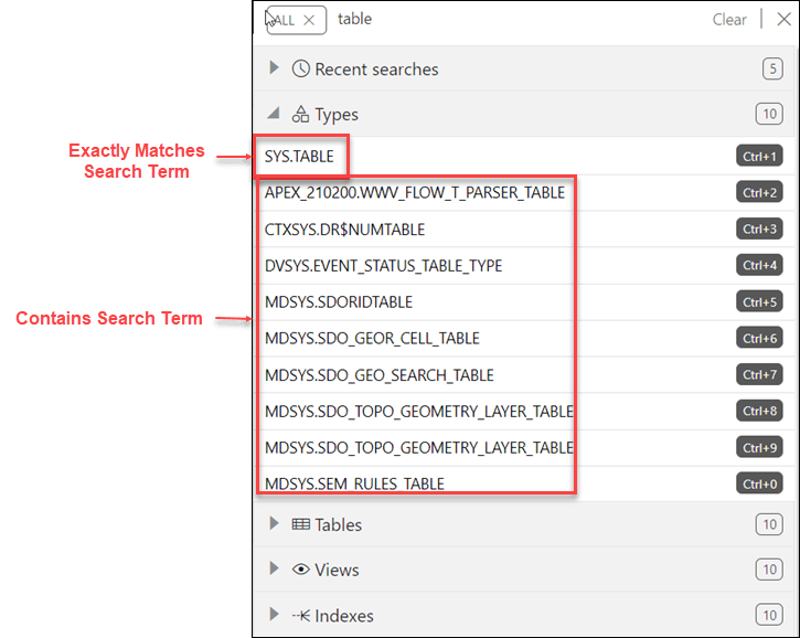 This image shows how results are displayed as two groups when using the Search field. This image shows how results are displayed as two groups when using the Search field.