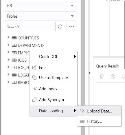 The image depicts the Upload Data option in the left pane for loading data to an existing table in SQL Worksheet. The image depicts the Upload Data option in the left pane for loading data to an existing table in SQL Worksheet.