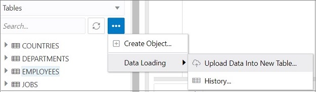 This image depicts the Data Loading option in the left pane in SQL Worksheet. This image depicts the Data Loading option in the left pane in SQL Worksheet.