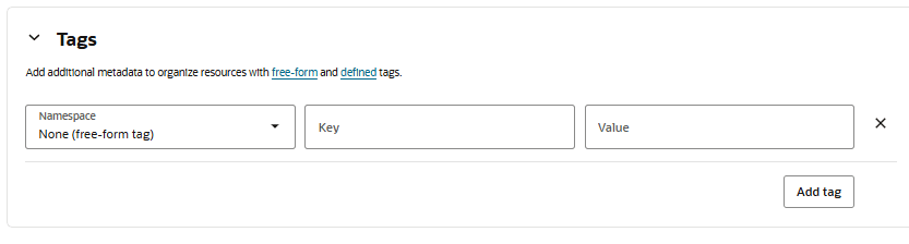 Setting an appropriate application tag key in the Oracle-ApplicationName tag namespace. This action is described in the text preceding the image. Setting an appropriate application tag key in the Oracle-ApplicationName tag namespace. This action is described in the text preceding the image.