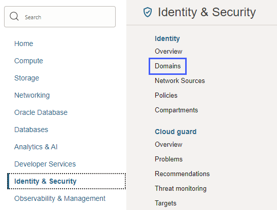 Identity & Security category showing Domains Identity & Security category showing Domains