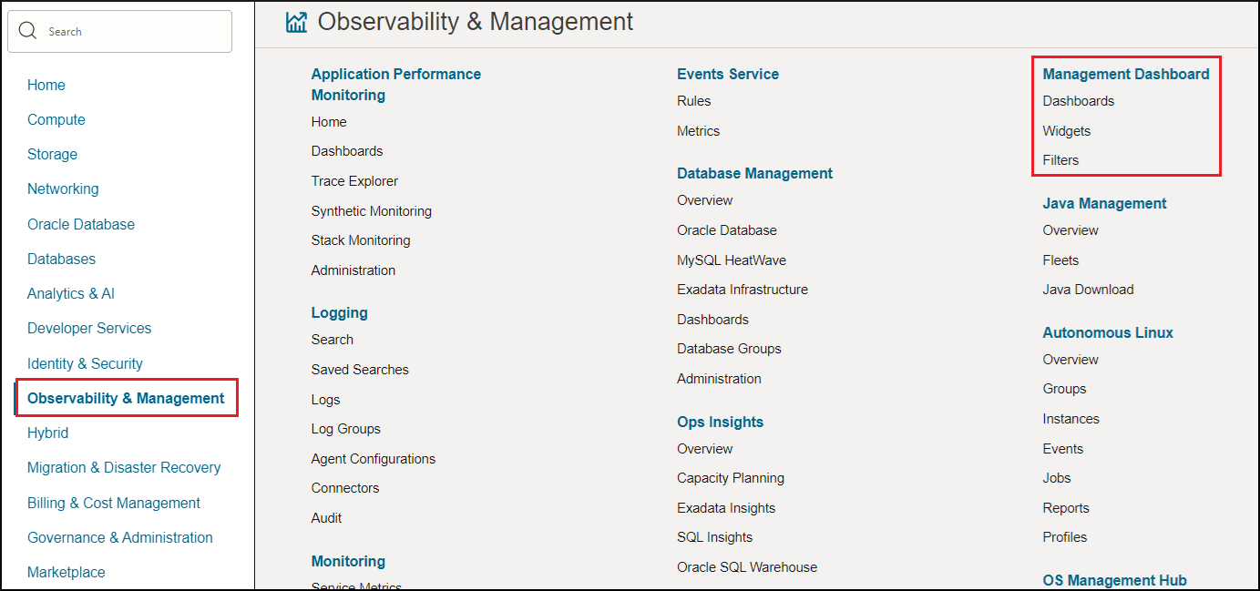 Management Dashboard in the Oracle Cloud Infrastructure console menu Management Dashboard in the Oracle Cloud Infrastructure console menu