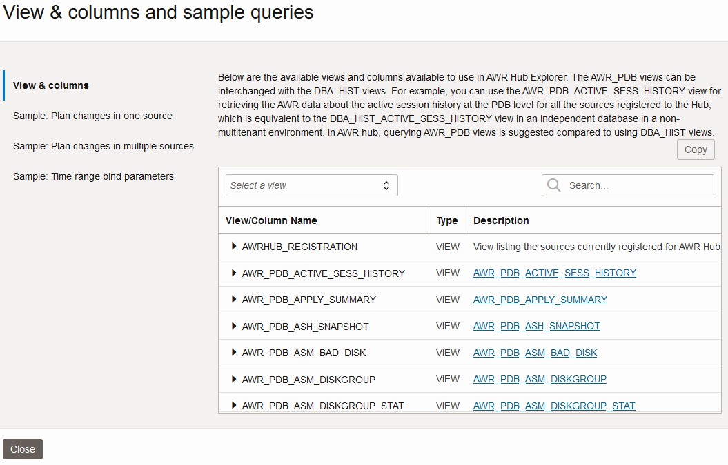 View, column, and sample queries screen View, column, and sample queries screen