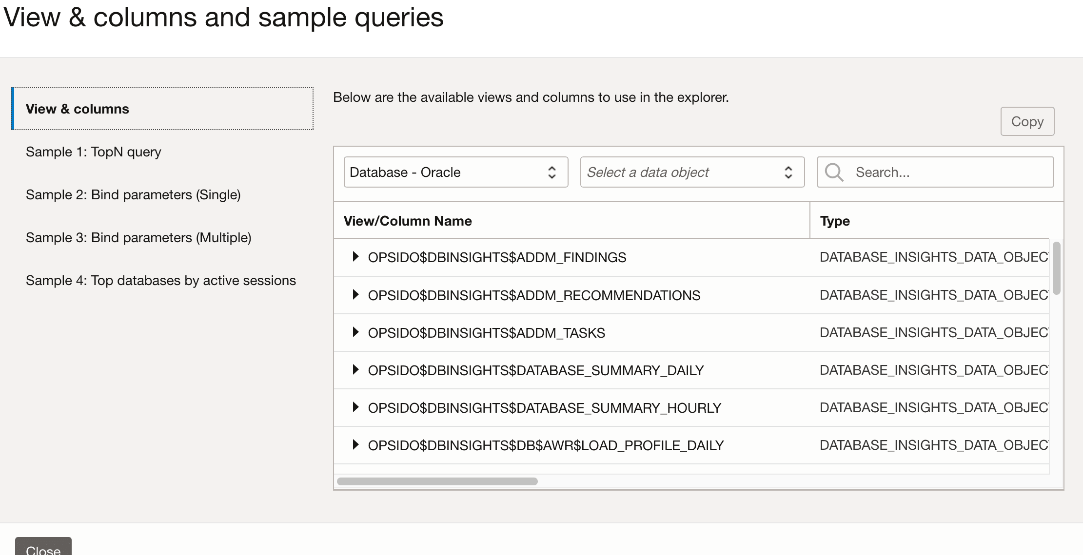 View, column, and sample queries screen