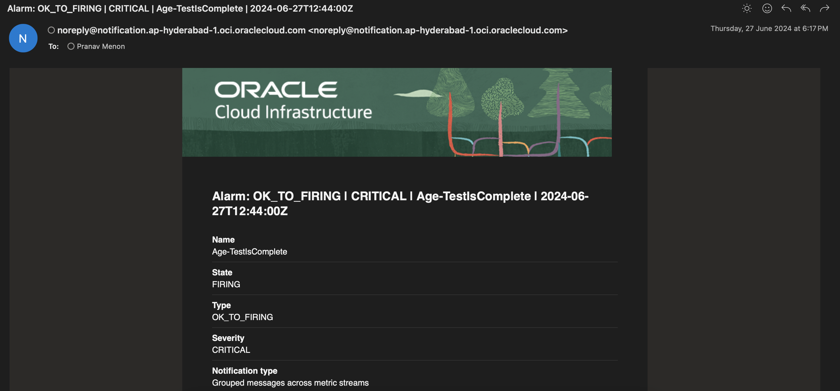 Sample Email received when Alarm fires