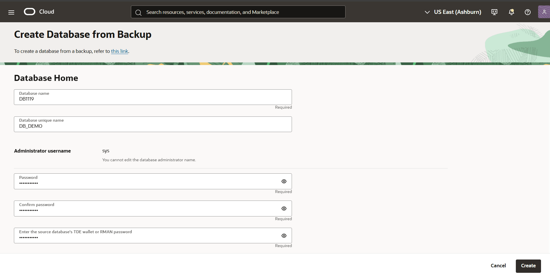 This screenshot shows how to create a database from backup. This screenshot shows how to create a database from backup.