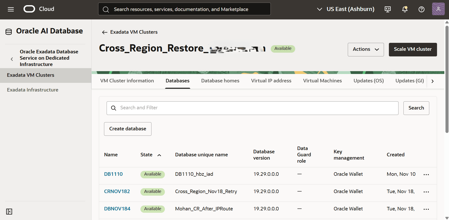 This screenshot shows the list of databases.