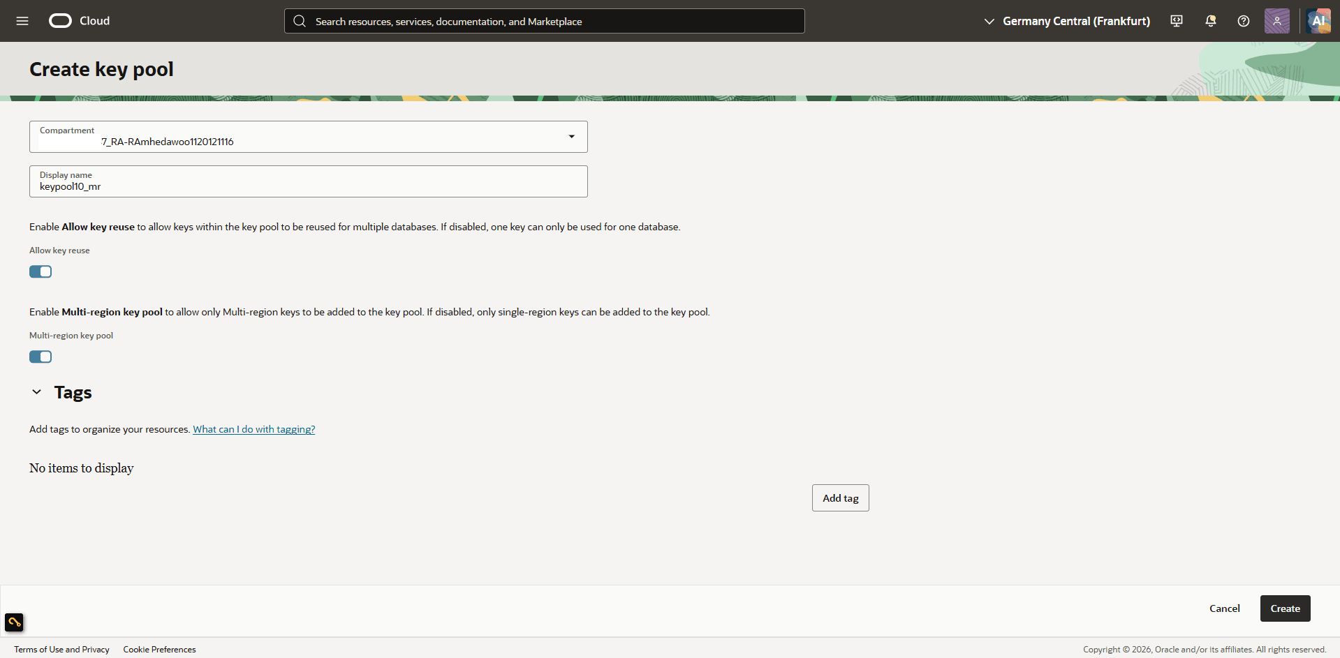 This screenshot shows how to create a key pool.