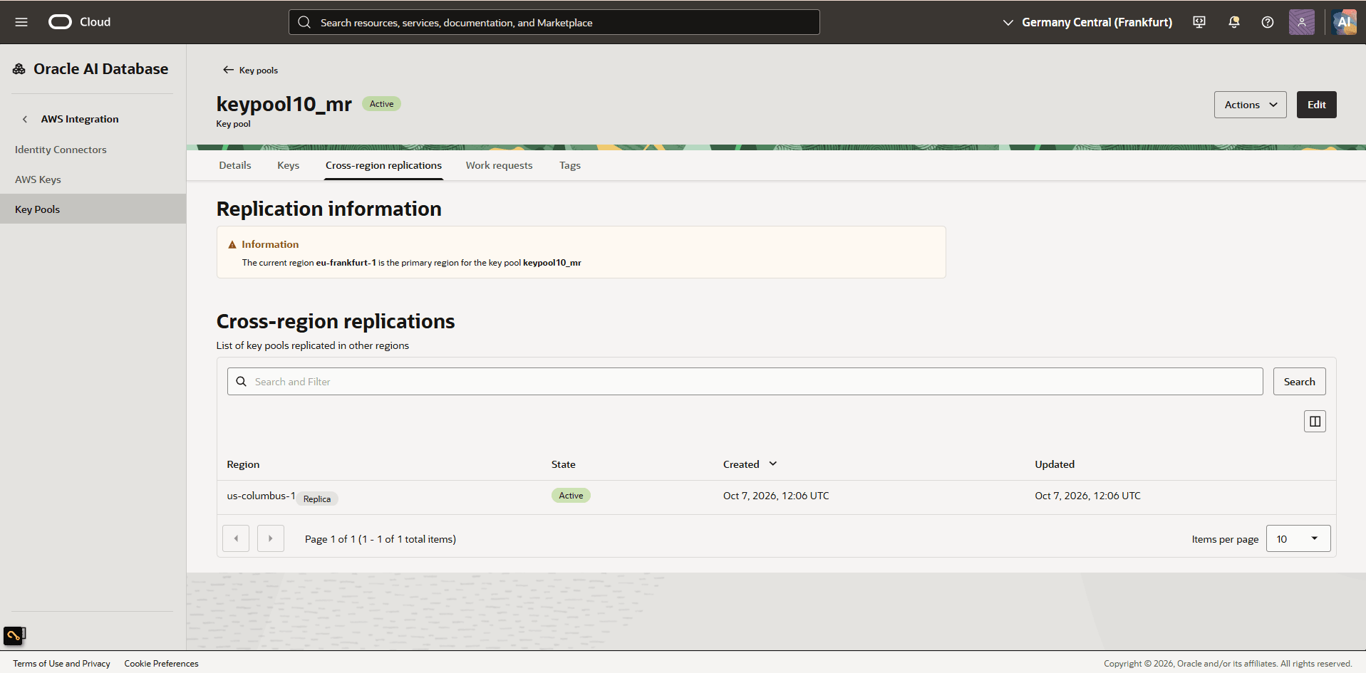 This screenshot shows how to enable cross-region replication for a key.