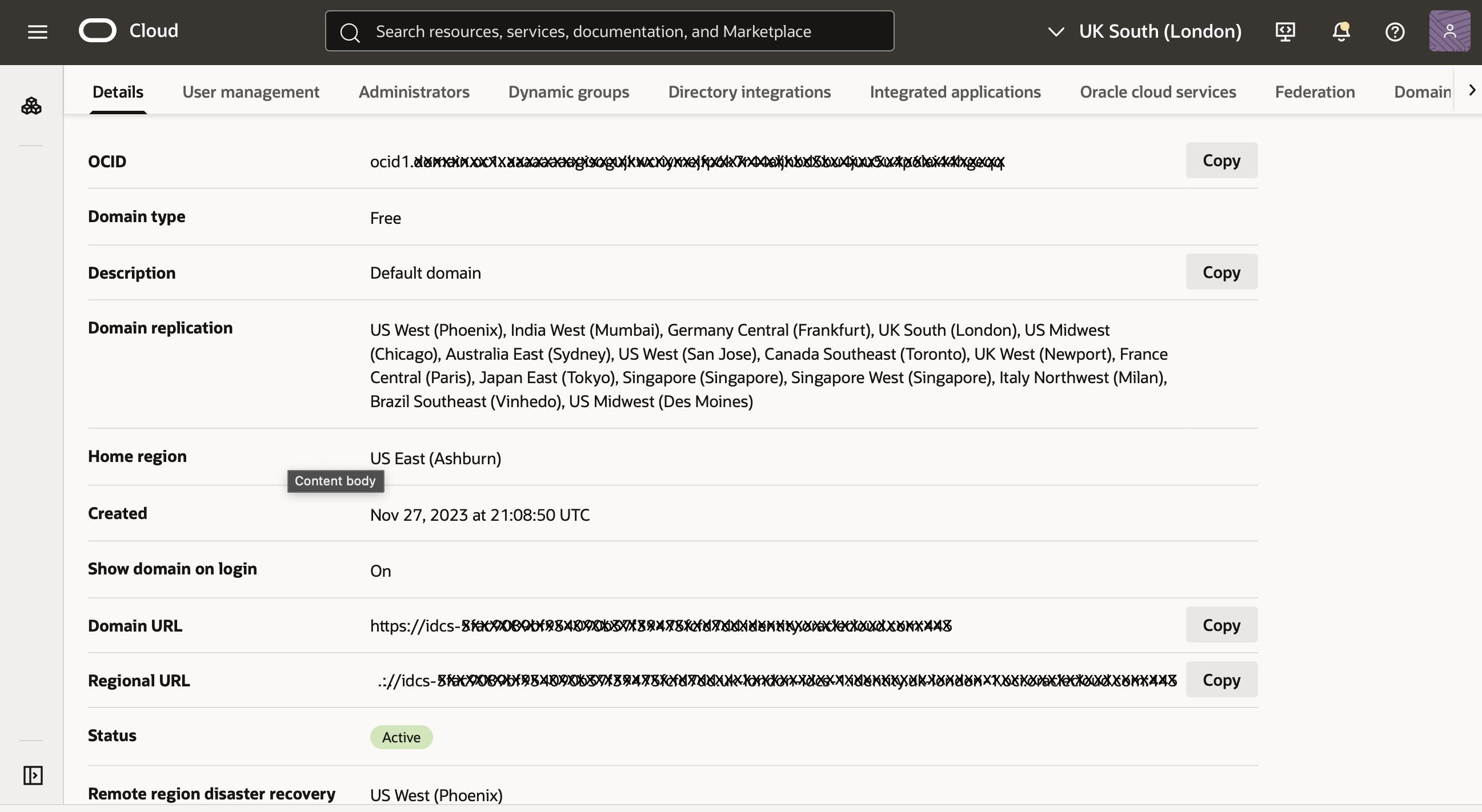 Click to expand An image of the OCI Console showing the details page for the "Default" domain.