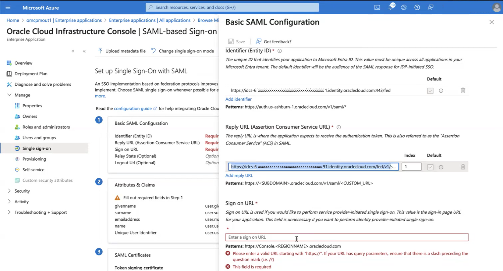 Click to expand An image of the Azure portal showing the Basic SAML Configuration panel.