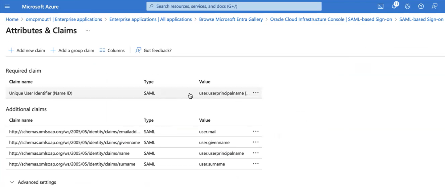 Click to expand An image of the Azure portal showing the Attributes & Claims page of the SAML-based Sign-on setup work flow.