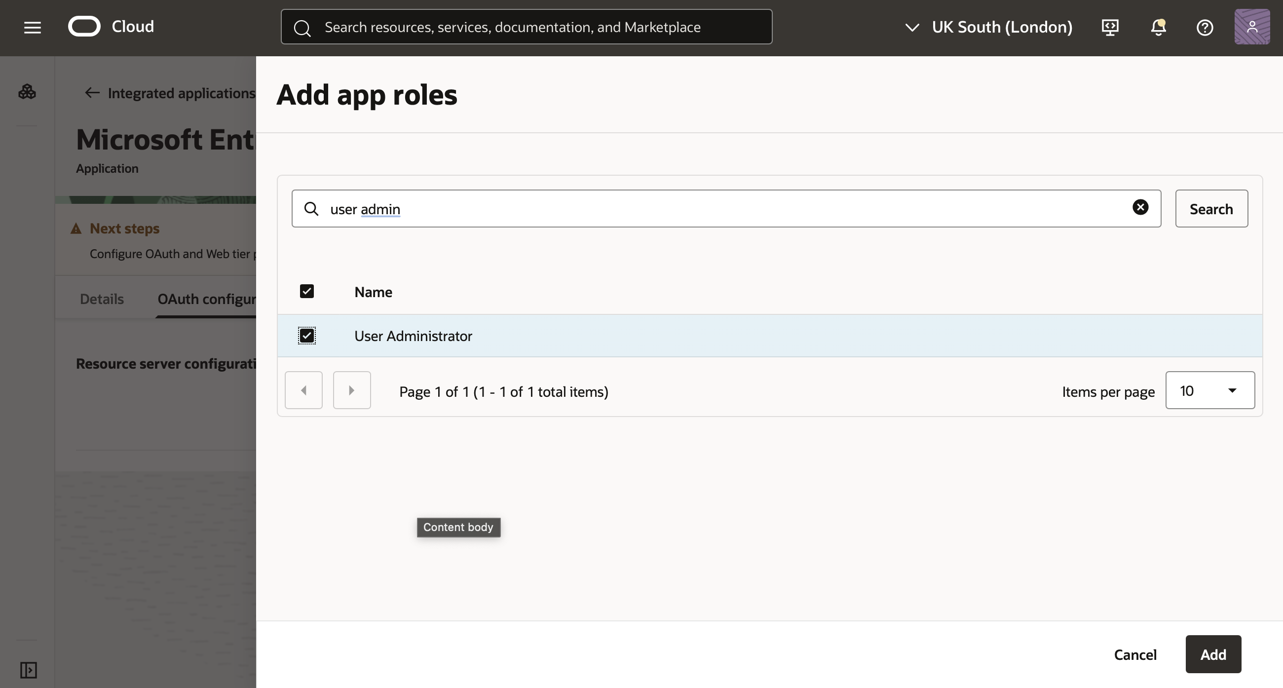 Click to expand An image of the OCI Console showing the Configure OAuth page of the Add Confidential Application workflow with the Add app roles panel displayed.
