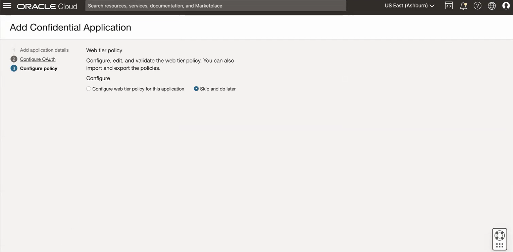 Click to expand An image of the OCI Console showing the Configure policy page of the Add Confidential Application workflow.