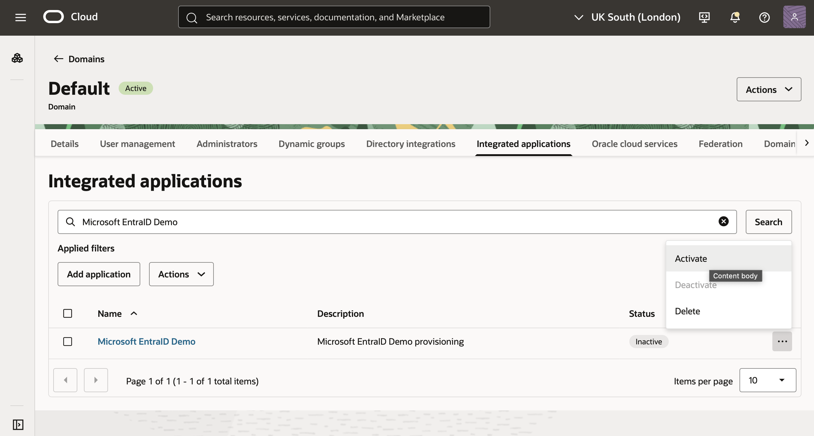 Click to expand An image of the OCI Console showing the application details page that includes an "Activate" button.