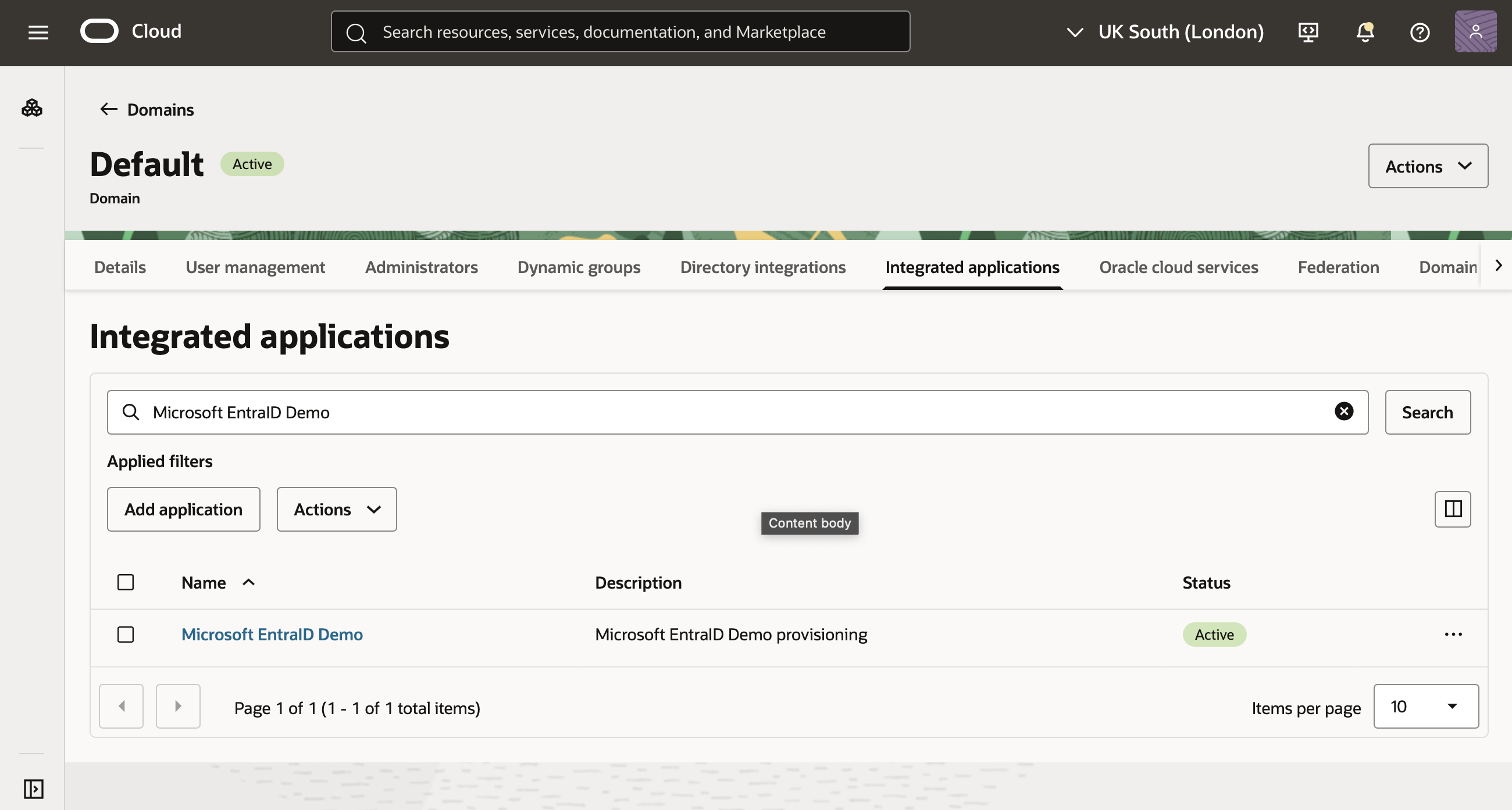 Click to expand An image of the OCI Console showing an application in the "Active" state.