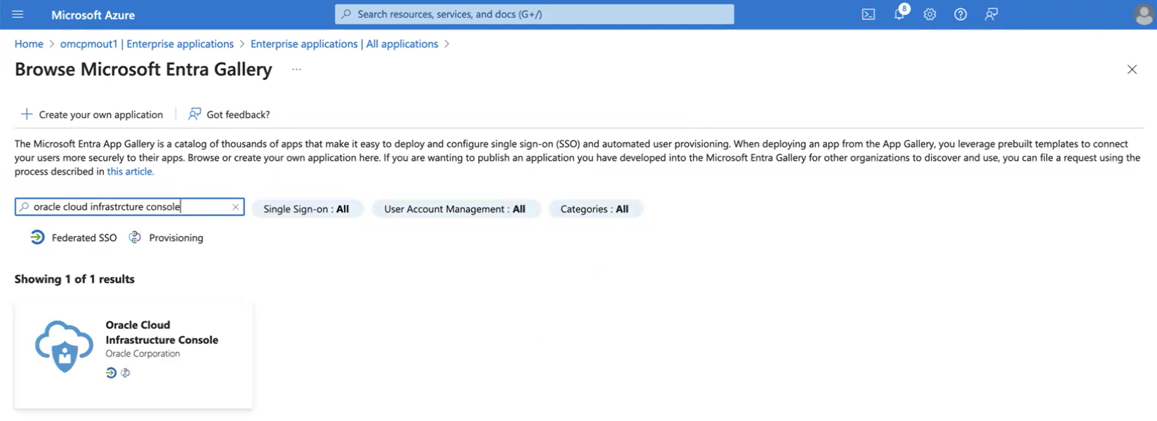 Click to expand An image of the Azure portal displaying Entra ID Enterprise application search results.