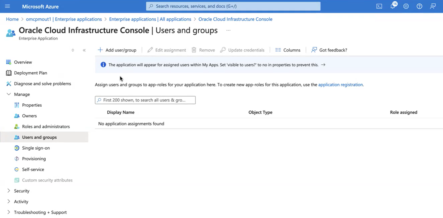 Click to expand An image of the Azure portal showing the Add user/group page for the application created in steps 3 to 6.
