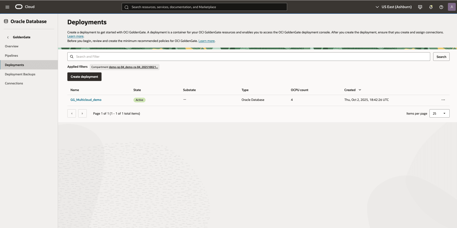 This screenshot shows how to create GoldenGate deployment. This screenshot shows how to create GoldenGate deployment.