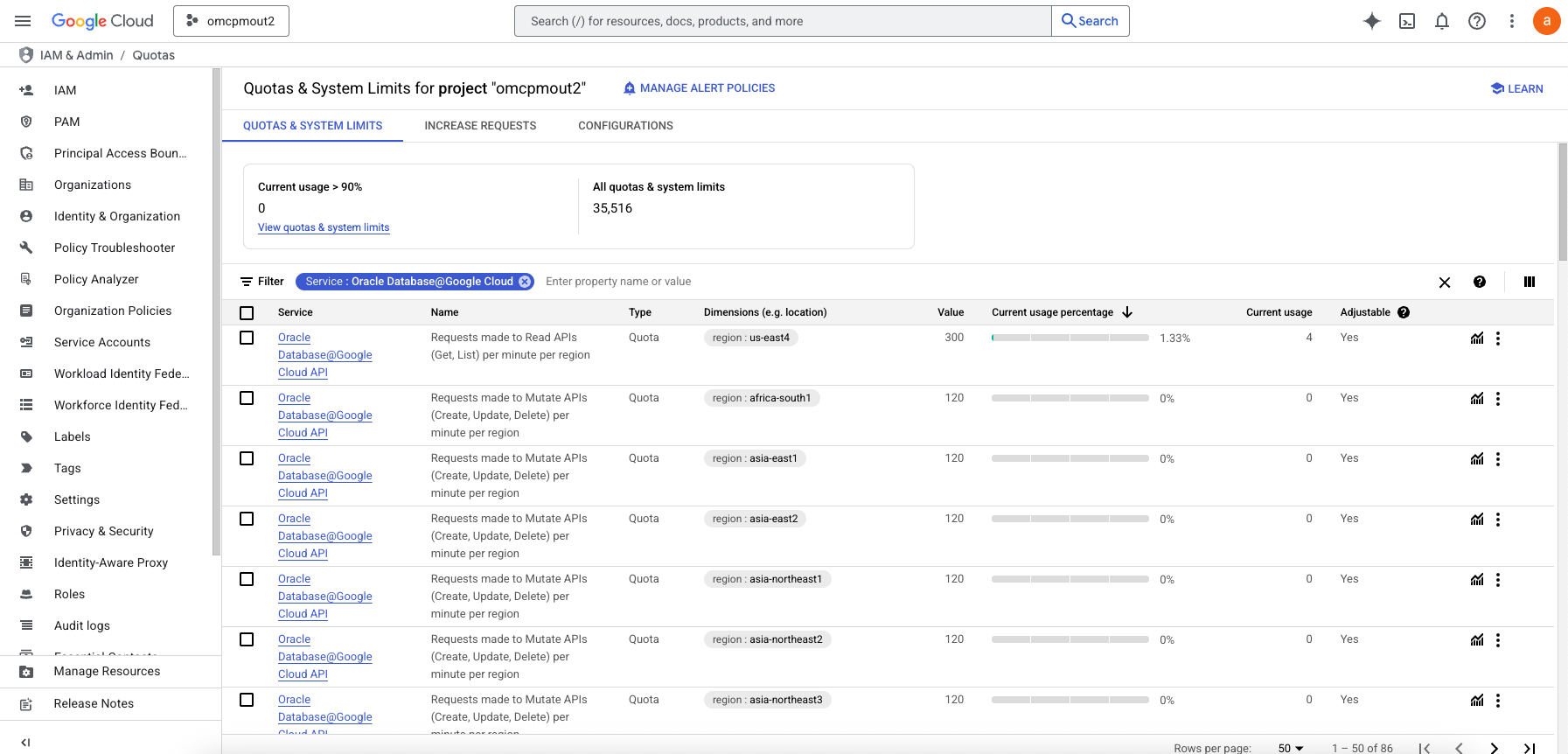 Click to expand Image showing quotas in Google Cloud Portal.