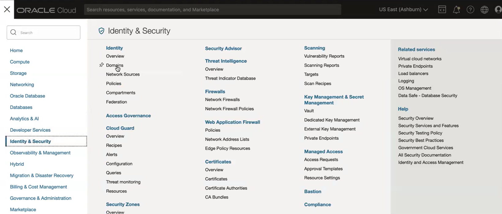 Click to expand An image showing the OCI Console Identity and Security page.