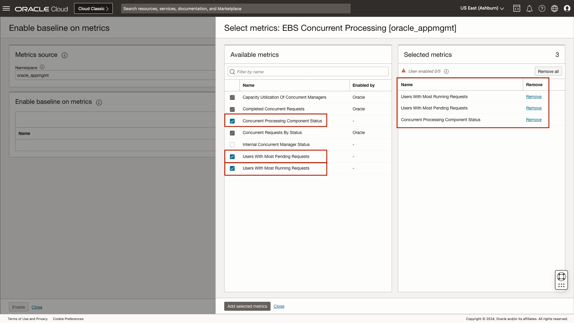 Metric selection slide-out, highlighting metrics chosen to enable anomaly detection.. Metric selection slide-out, highlighting metrics chosen to enable anomaly detection..